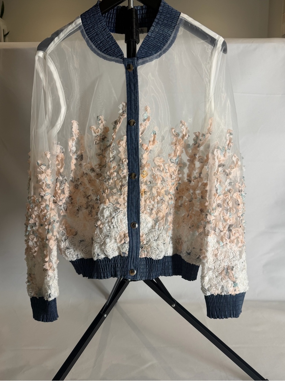 Adore Sheer Floral Embroidered Bomber Jacket - Navy, Blush & White